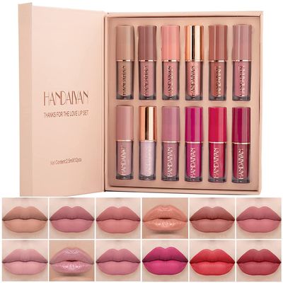 12 Colors Matte & Glossy Liquid Lipstick Set  Book Style Gift Kit for Women & Girls  Long Lasting Waterproof Lip Gloss with Nude, Pink, Red Shades, Non-Sticky, Transfer-Proof Lip Stain (Set A)
