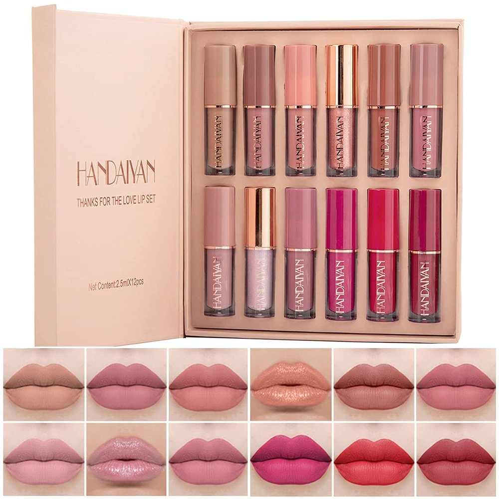 12 Colors Matte & Glossy Liquid Lipstick Set  Book Style Gift Kit for Women & Girls  Long Lasting Waterproof Lip Gloss with Nude, Pink, Red Shades, Non-Sticky, Transfer-Proof Lip Stain (Set A)