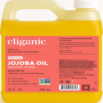 Cliganic Non-GMO Jojoba Oil Bulk 32oz, 100% Pure - Natural Cold Pressed Unrefined Hexane Free Oil for Hair & Face