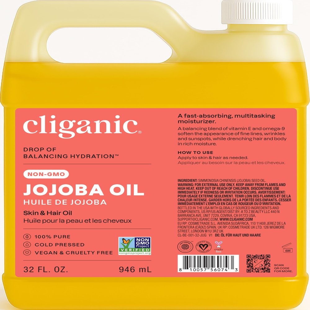 Cliganic Non-GMO Jojoba Oil Bulk 32oz, 100% Pure - Natural Cold Pressed Unrefined Hexane Free Oil for Hair & Face