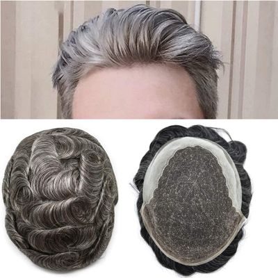 Transparent French Lace Mens Toupee Remy Human Hair Replacement System Bleached Knots Lace Front Thin Skin Mens Toupee Gray Brown Black Blonde Men Hair Piece Natural Wigs For Men (8"x10", #360 Dark Brown+60%Gray-100% Light to Med-Light)