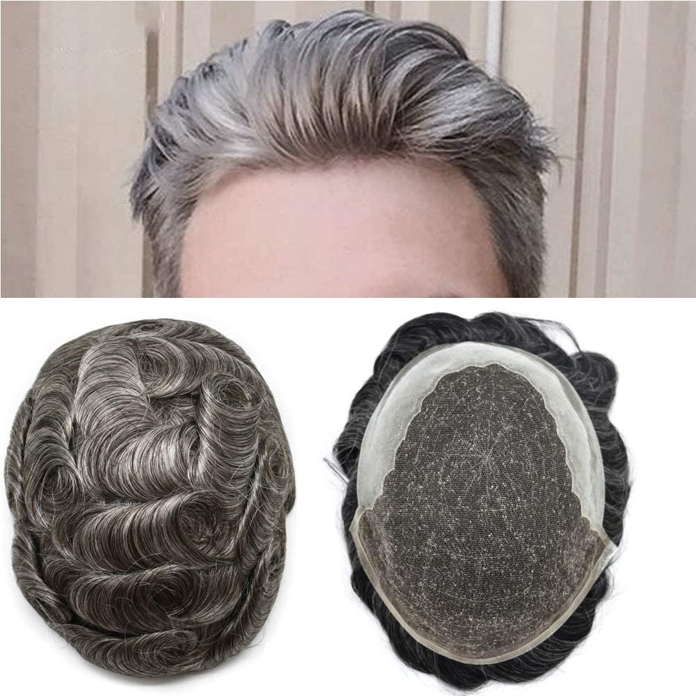 Transparent French Lace Mens Toupee Remy Human Hair Replacement System Bleached Knots Lace Front Thin Skin Mens Toupee Gray Brown Black Blonde Men Hair Piece Natural Wigs For Men (8"x10", #360 Dark Brown+60%Gray-100% Light to Med-Light)