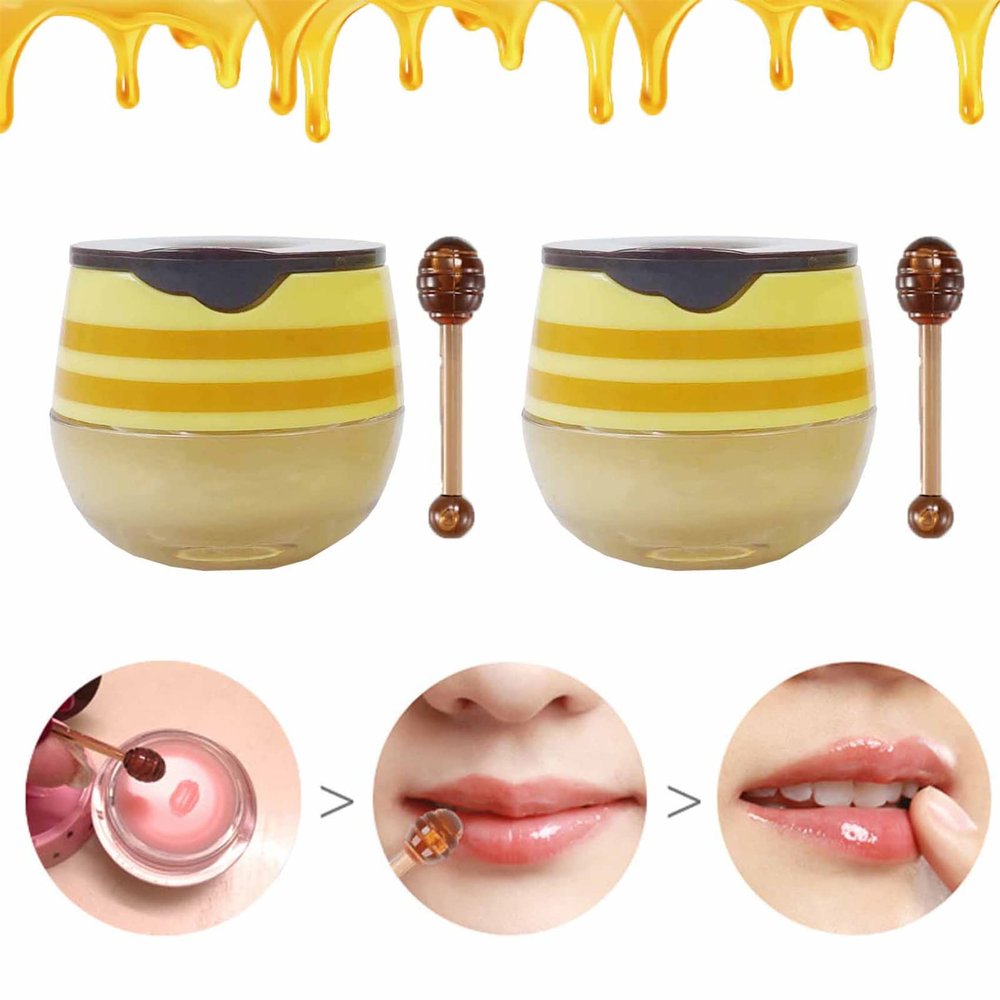 2PCS Bee Lip Balm Honey Pot, Honey & Strawberry Propolis Moisturizing, Hydrating & Prevention Dry and Cracked Lip Scrubs Exfoliator (B)