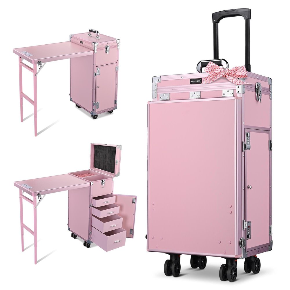 BYOOTIQUE Pink Rolling Manicure Table with Storage Rolling Makeup Case with 4 Drawers Handle Foldable Beauty Salon Makeup Station for Nail Teach Makeup Artist Manicurist Hairstylist Barbershop