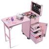 BYOOTIQUE Pink Rolling Manicure Table with Storage Rolling Makeup Case with 4 Drawers Handle Foldable Beauty Salon Makeup Station for Nail Teach Makeup Artist Manicurist Hairstylist Barbershop view 4