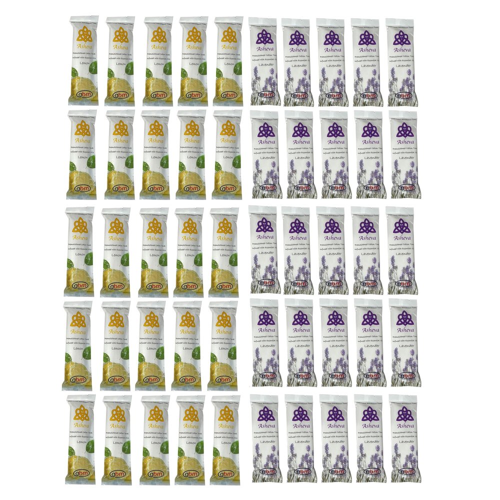 Asheva 8" x 9" Individually Wrapped Oshibori Disposable Towels - Luxurious Moist Cotton Hot/Cold Refreshment Towel - Lavender, Lemon, or Tea Tree Scents - Perfect for Spa, Travel, Dining & Events