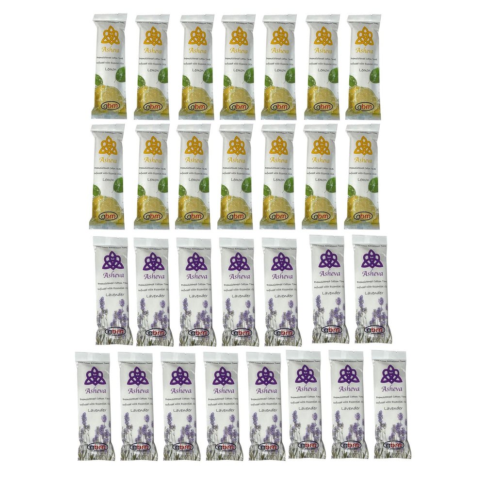 Asheva 8" x 9" Individually Wrapped Oshibori Disposable Towels - Luxurious Moist Cotton Hot/Cold Refreshment Towel - Lavender, Lemon, or Tea Tree Scents - Perfect for Spa, Travel, Dining & Events