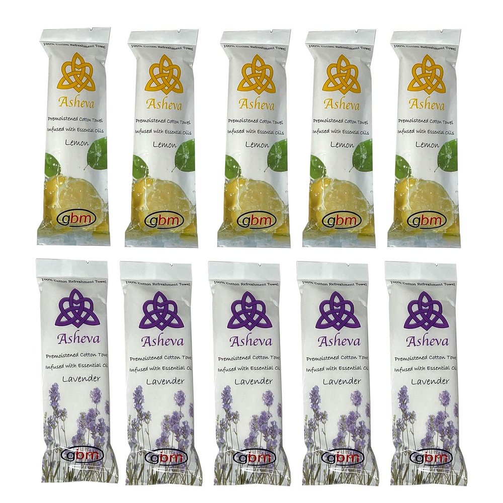 Asheva 8" x 9" Individually Wrapped Oshibori Disposable Towels - Luxurious Moist Cotton Hot/Cold Refreshment Towel - Lavender, Lemon, or Tea Tree Scents - Perfect for Spa, Travel, Dining & Events