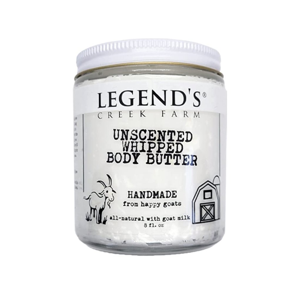 Legend's Creek Farm, Goat Milk Body Butter - Hydrating Natural Body Moisturizer with Organic Shea Butter & Grape Seed Oil - 8 Oz Purifying & Toning Whipped Body Butter (Unscented)