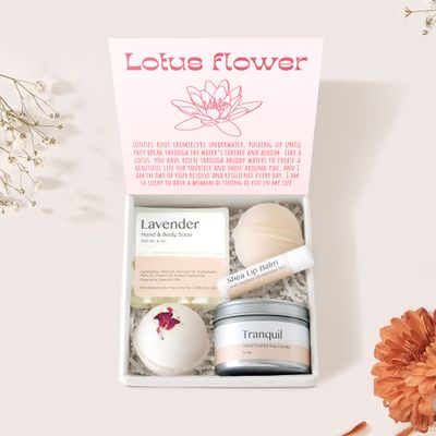 Dear Ava Spa Gifts for Women - Organic Self Care Luxury Anti Stress Relaxing Bath and Body Kit Set Basket Box for Her with Heartfelt Card - Be Like a Lotus Gifting Idea