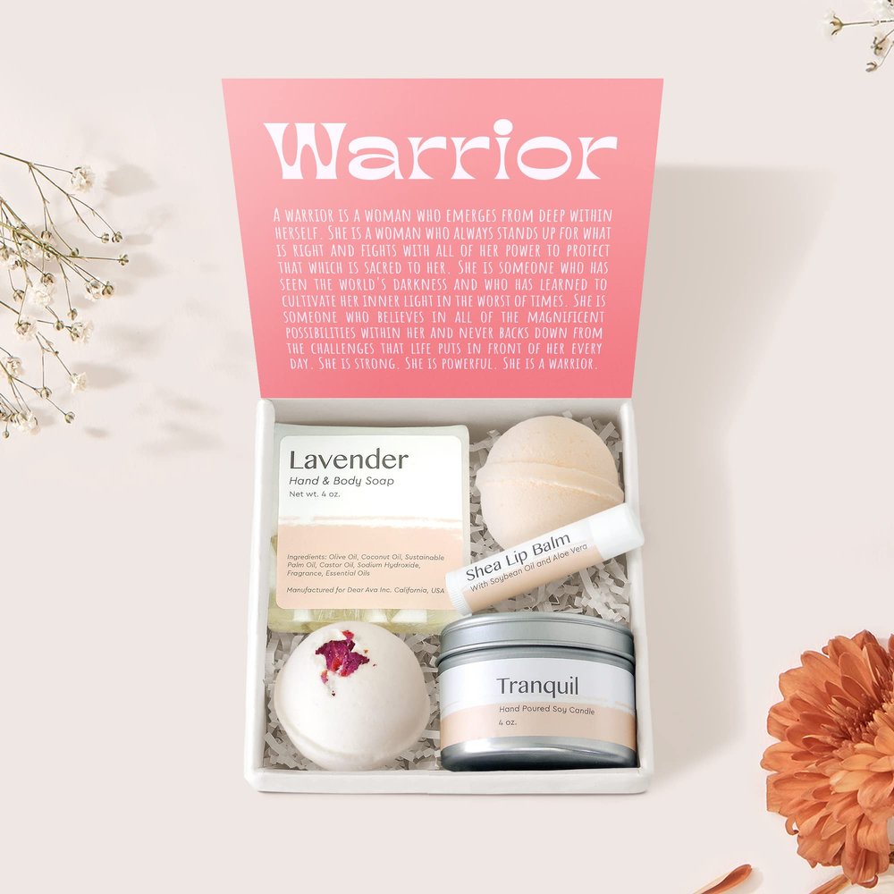 Dear Ava Spa Gifts for Women - Organic Self Care luxury Anti Stress Relaxing Bath and Body Kit Set Basket Box for Her with Heartfelt Card - Sympathy Gift for Warrior