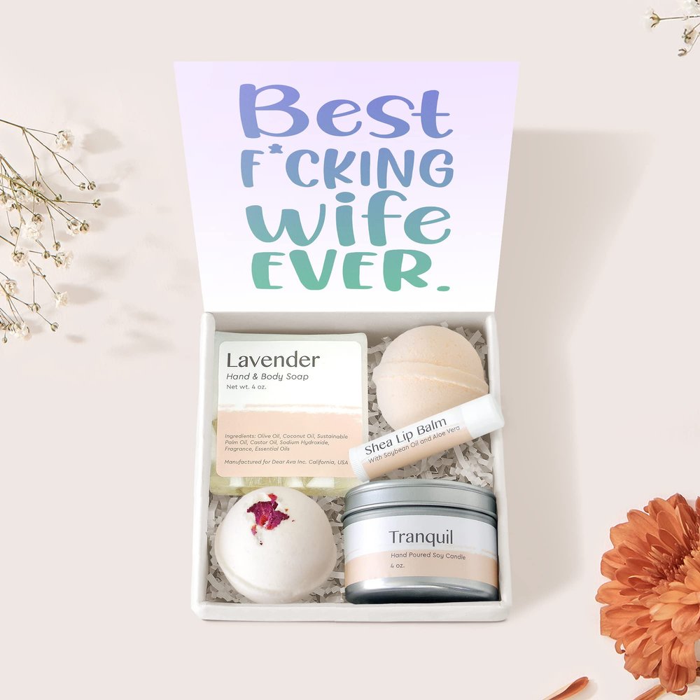 Dear Ava Spa Gifts for Women - Organic Self Care Luxury Anti Stress Relaxing Bath and Body Kit Set Basket Box for Her with Heartfelt Card - Funny Gift for Wife