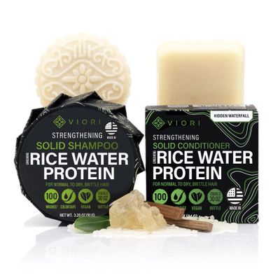 Viori Hidden Waterfall Shampoo and Conditioner Bar Set Made with Rice Water - Handcrafted Sulfate Free Shampoo and Conditioner