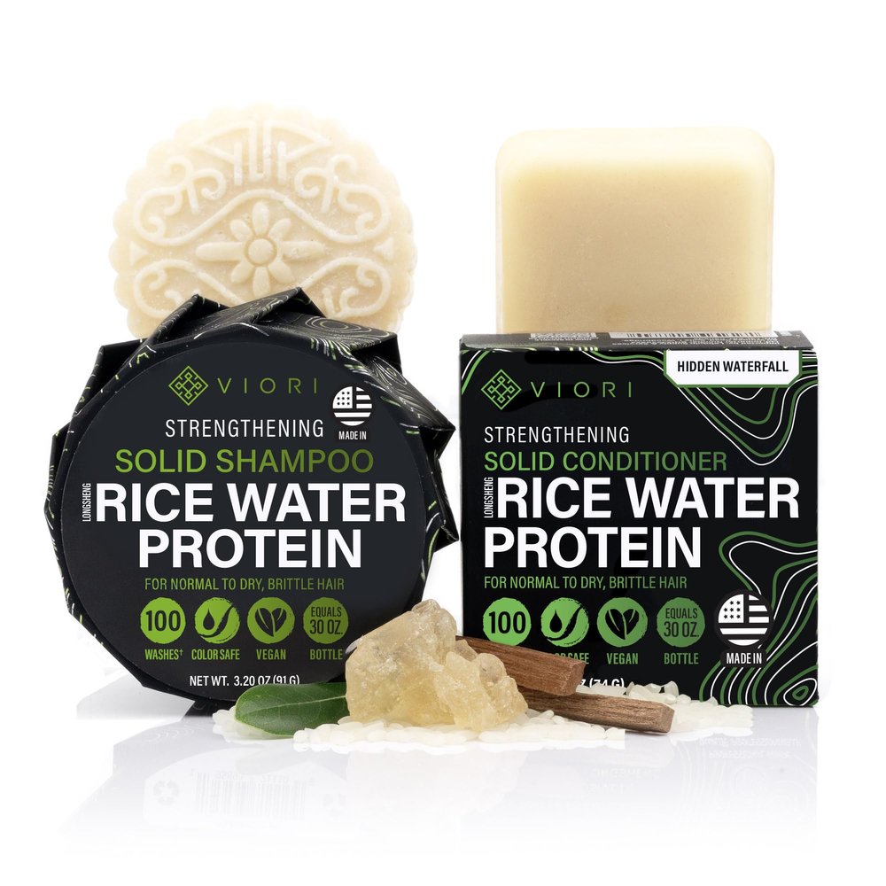 Viori Hidden Waterfall Shampoo and Conditioner Bar Set Made with Rice Water - Handcrafted Sulfate Free Shampoo and Conditioner