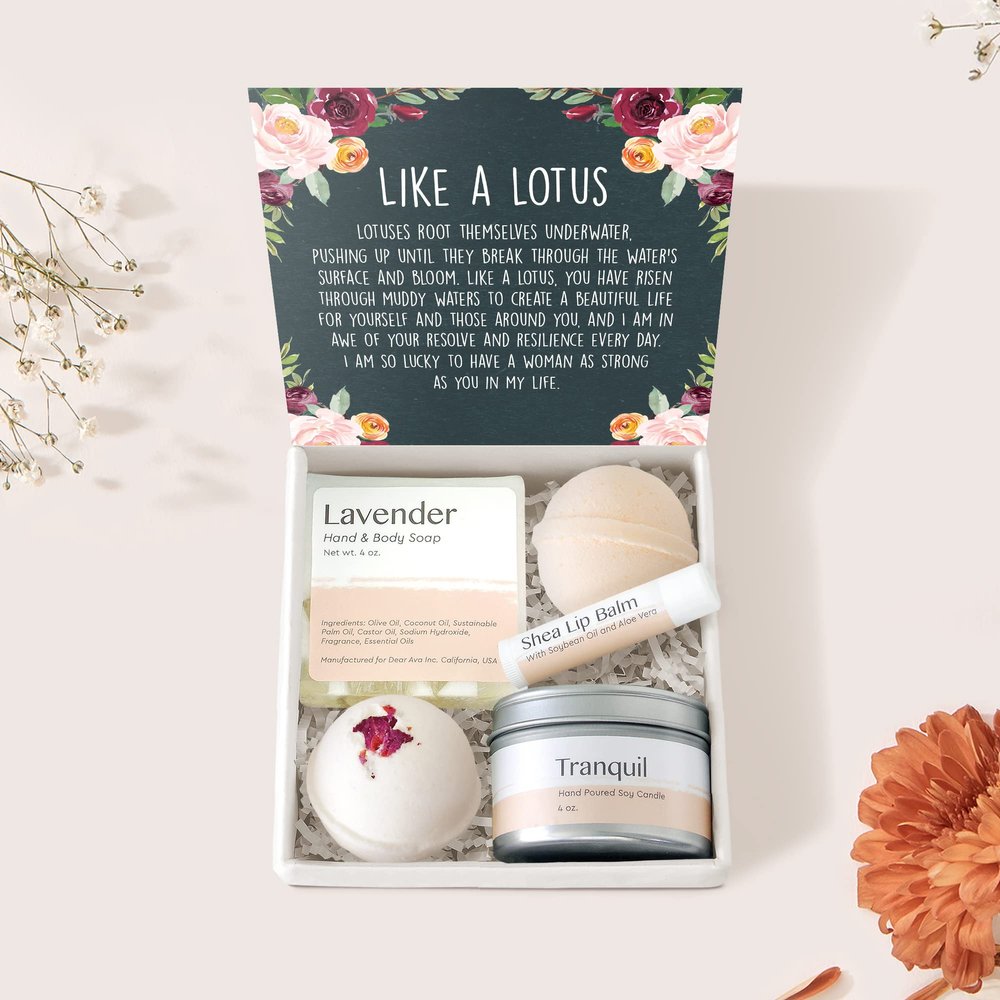 Dear Ava Spa Gifts for Women - Organic Self Care Luxury Anti Stress Relaxing Bath and Body Kit Set Basket Box for Her with Heartfelt Card - Be Like a Lotus Gifting Idea