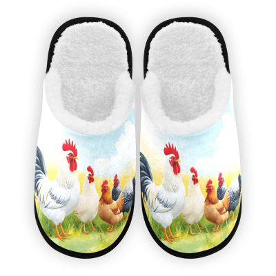 Dussdil White Brown Chickens Hen House Slippers Spring Floral Rooster Home Spa Slippers Memory Foam Closed Toe Slipper Non Slip for Hotel Bedroom Travel Shoes Women Men L
