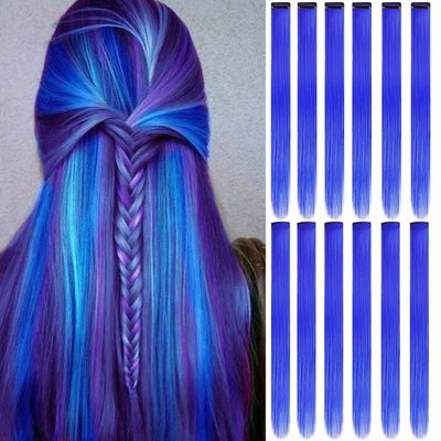 12 Colored Clip in Hair Extensions - 22 inch Synthetic Straight Hair for Kids, Girls & Women