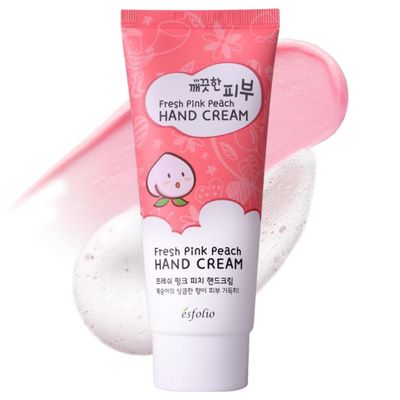 esfolio Fresh Pink Peach Hand Cream Moisturizing Korean Hand Lotion with Peach & Apricot Extracts Softens, Hydrates & Smooths Dry Skin Lightweight Non-Greasy Formula (3.38 OZ/100ML)
