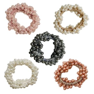Magik 5~10Pcs Hair Tie Elastic Band Scrunchies Crystal Pompom Pearl Ponytail Holder (5 Pack, Pearls)