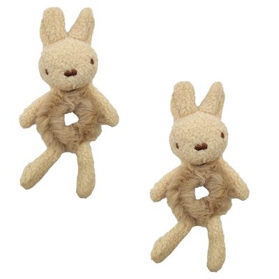 Magik Bear Bunny Furry Plush Hair Tie Scrunchies Rope Ponytail Holster Elastic Band (2 Pack, Rabbit, Khaki)