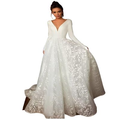 Wedding Gowns for Bride 2025 Sexy and Modern Double Deep V-Neck with Train A-line Lace Stain with Sleeves Long Ivory 8