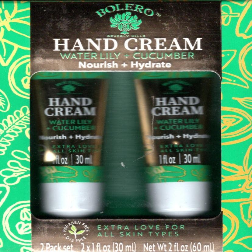 Bolero Beverly Hills Waterlily + Cucumber Nourish + Hydrate Hand Cream 2 Pack Set Moisturize 2 x 1fl oz. (30ml)