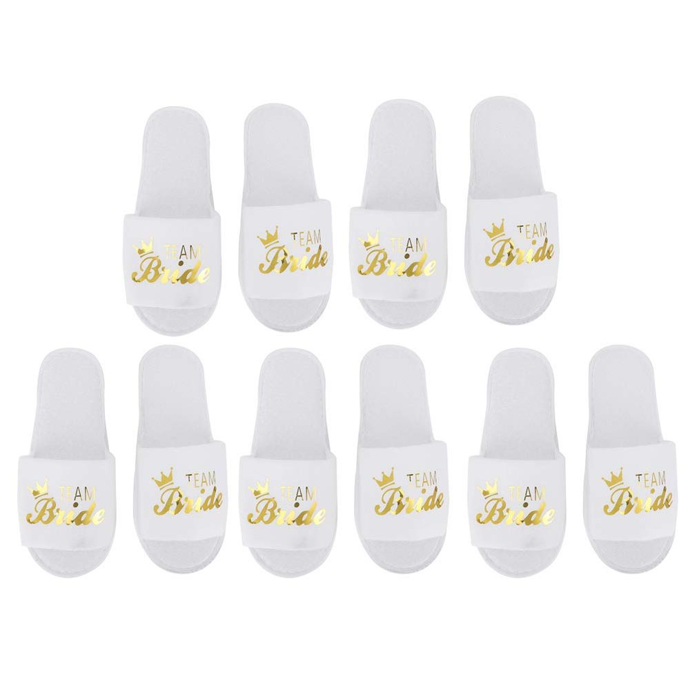Alvinlite 5 Pair Disposable Slippers, White Letters Print Slippers for Hotel Wedding Party Shooting Props (Bride Crown-White)