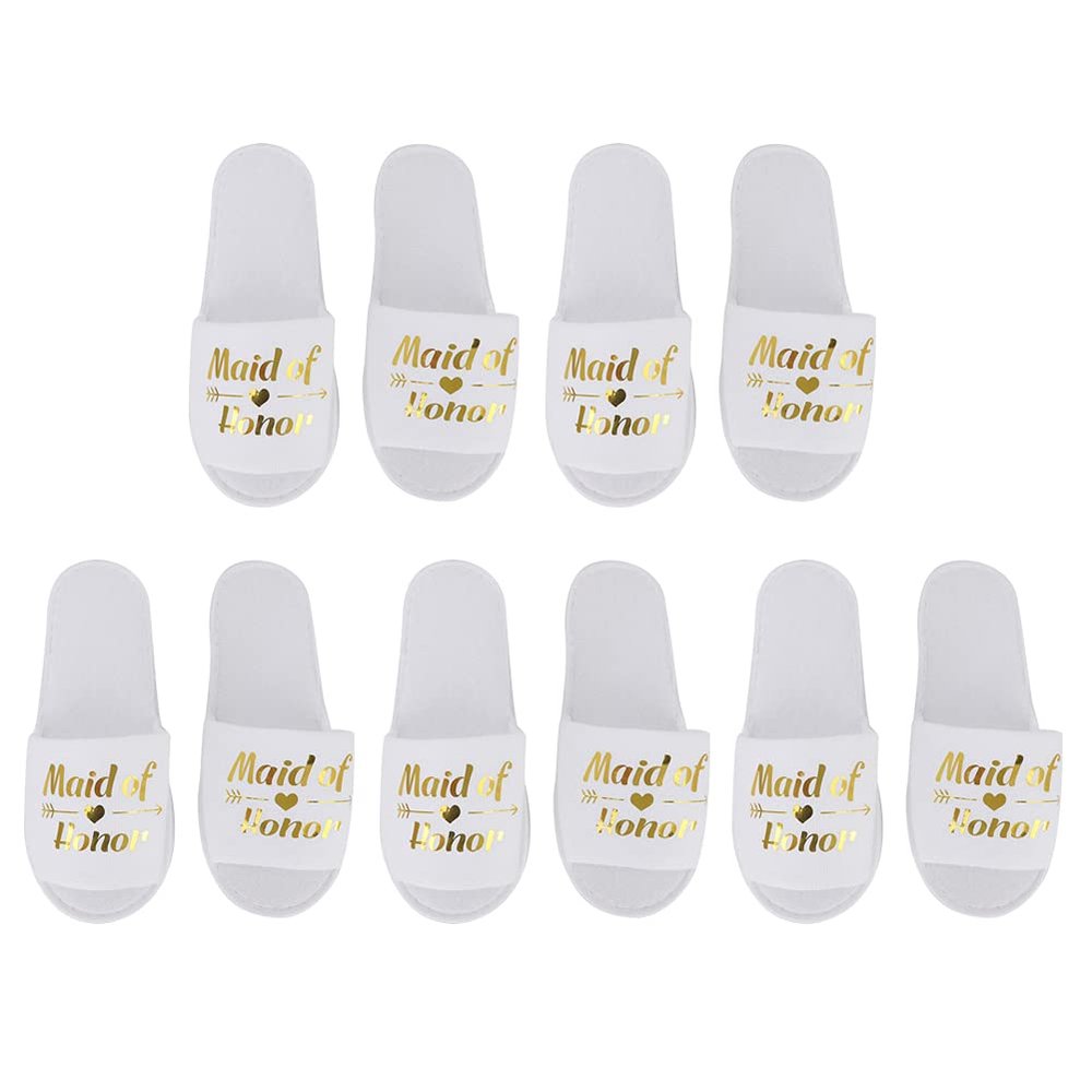 Alvinlite 5 Pair Disposable Slippers, White Letters Print Guest Slippers for Hotel Wedding Party Shooting Props (maid-White)