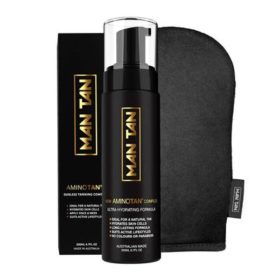 MAN TAN Sunless Tanner Starter Pack For Men | AMINOTAN - The Best Clear Self Tan Mousse For Men Works With Hair + Sweat Proof (Mitt & Bottle) - 6.7fl