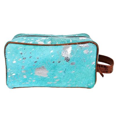 American Darling Makeup Bag shaving Kit Cow Hair On Hand Crafted H7XW10.5X3.5 accessories bag toiletry kit cosmetic bag for travel size toiletries Pouch (Turquoise and Silver Acid Wash Hide On)