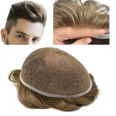 LYRICAL HAIR Undetectable Full French Lace Toupee Hairpiece Ariy and Lightweight Bleached Knot Natural Hairline Human Hair Wig Units Super Thin French Lace Men Replacement System (7X9", #740 7# VERY LIGHT BROWN WITH 40% SYNTHETIC GREY-100% Light to m