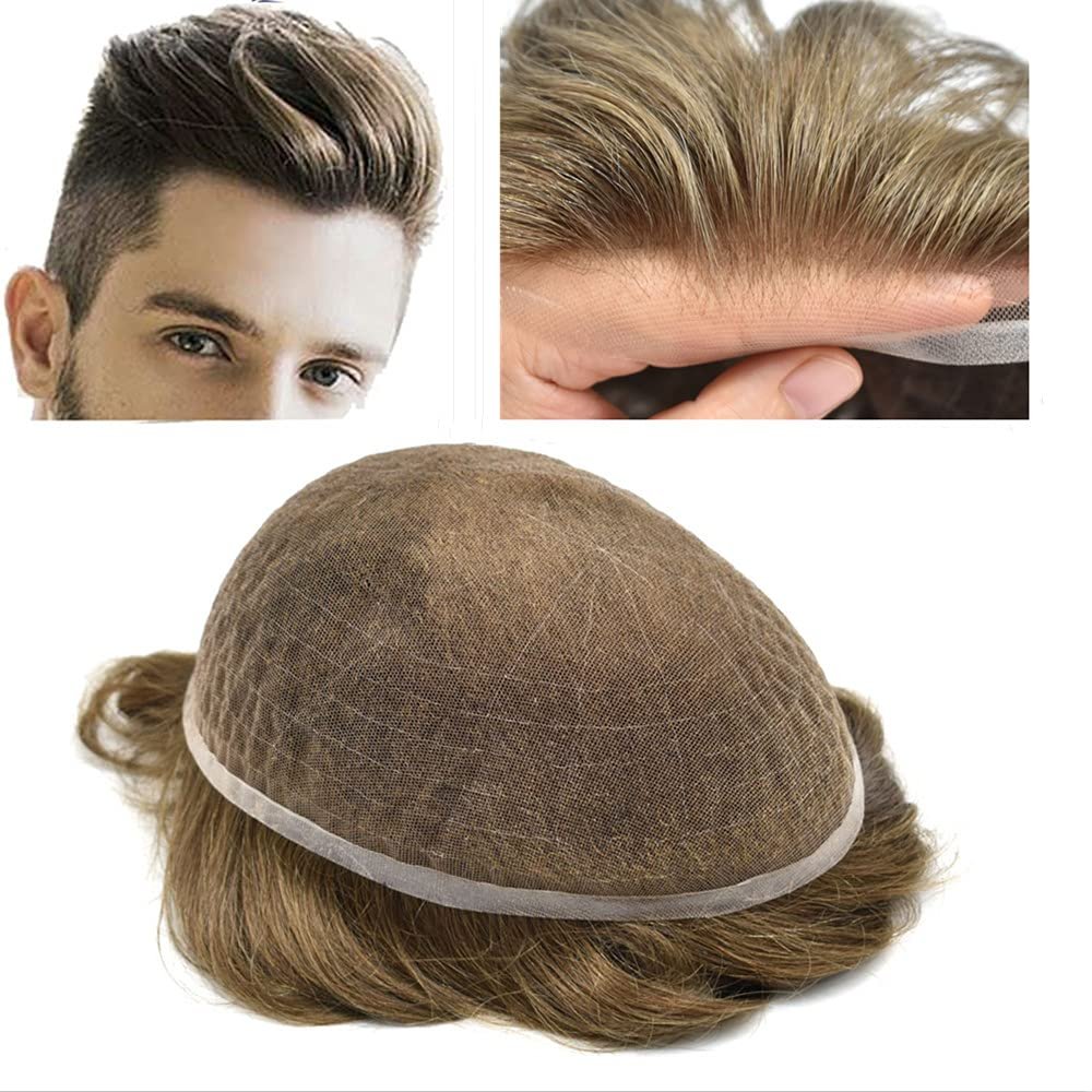 LYRICAL HAIR Undetectable Full French Lace Toupee Hairpiece Ariy and Lightweight Bleached Knot Natural Hairline Human Hair Wig Units Super Thin French Lace Men Replacement System (7X9", #740 7# VERY LIGHT BROWN WITH 40% SYNTHETIC GREY-100% Light to m