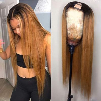 Ombre Blonde 1B/27 U Part Human Hair Wigs Straight Brazilian Remy Hair Honey Blonde U Part Wigs For Women 1x4" Middle Part 180% (20inch, 130% Density)