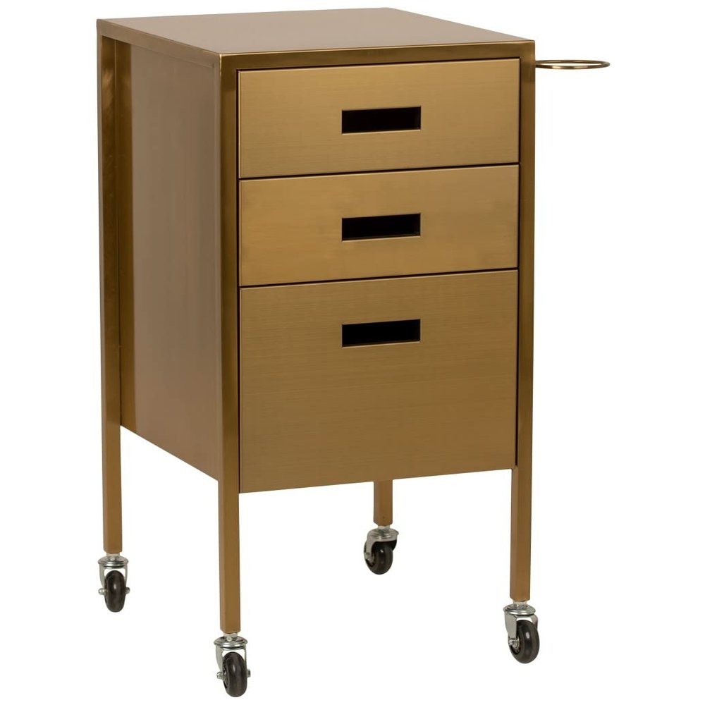 Buy-Rite Electra Metallic Styling Trolley in Gold Durable Metal Salon Station with 3 Large Drawers, Side Appliance Holder, and Industrial Casters for Hot Tools & Hair Styling, CHM-2883-GLD