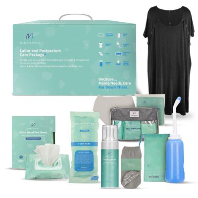 Mama & Wish Postpartum Essentials Kit (14-Piece) - Includes Hospital Post Partum Essentials for Women After Birth, Labor and Delivery Gown, Peri Bottle, Witch Hazel Foam, Pad Liners & More!