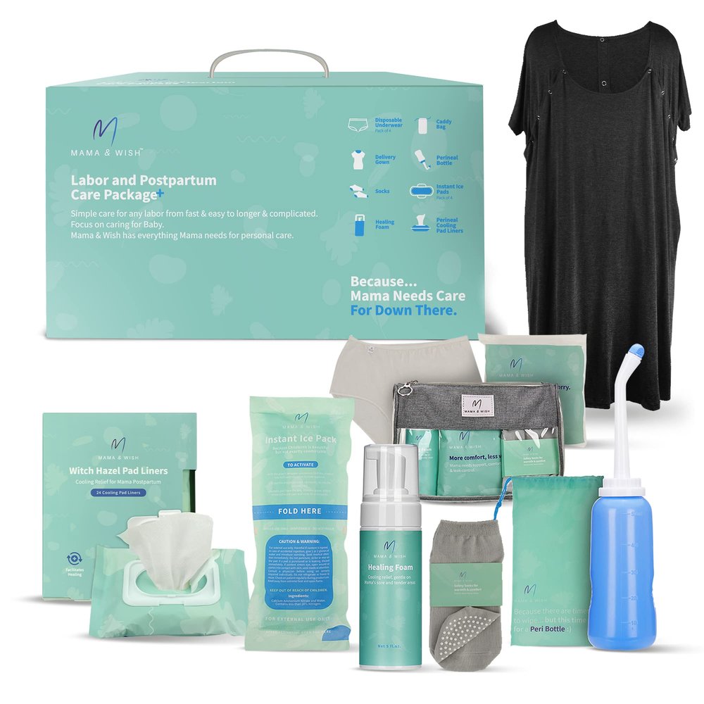 Mama & Wish Postpartum Essentials Kit (14-Piece) - Includes Hospital Post Partum Essentials for Women After Birth, Labor and Delivery Gown, Peri Bottle, Witch Hazel Foam, Pad Liners & More!