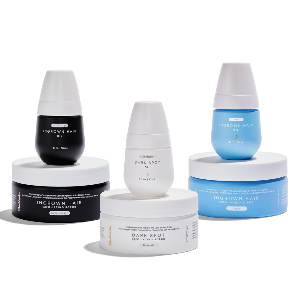 Bushbalm 2 Step Routine - Bermuda Dark Spot, Sweet Escape Scented for Keratosis Pilaris and Nude for Ingrown Hair & Razor bumps Prevention - Oil (30 ml each), Exfoliating Scrub (23