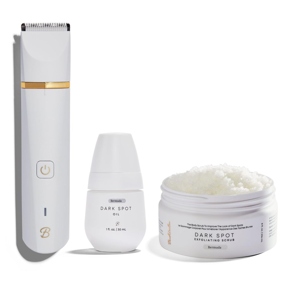Bushbalm Francesca Trimmer Electric Shaver, 2 Step Routine for Dark Spots, Bermuda Exfoliating Scrub (236 ml) and Bermuda Oil (30 ml)