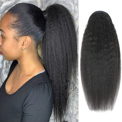 Adette 24 Inch Kinky Straight Ponytails Human Hair Drawstring Ponytail Extension Kinky Straight Clip in Pony Tail Hair Extensions for Black Women Natural Black Hair Pieces