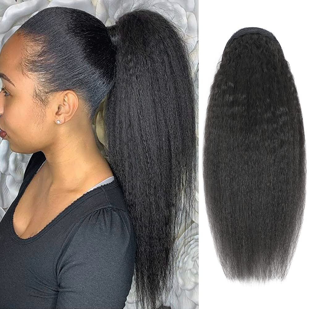 Adette 24 Inch Kinky Straight Ponytails Human Hair Drawstring Ponytail Extension Kinky Straight Clip in Pony Tail Hair Extensions for Black Women Natural Black Hair Pieces