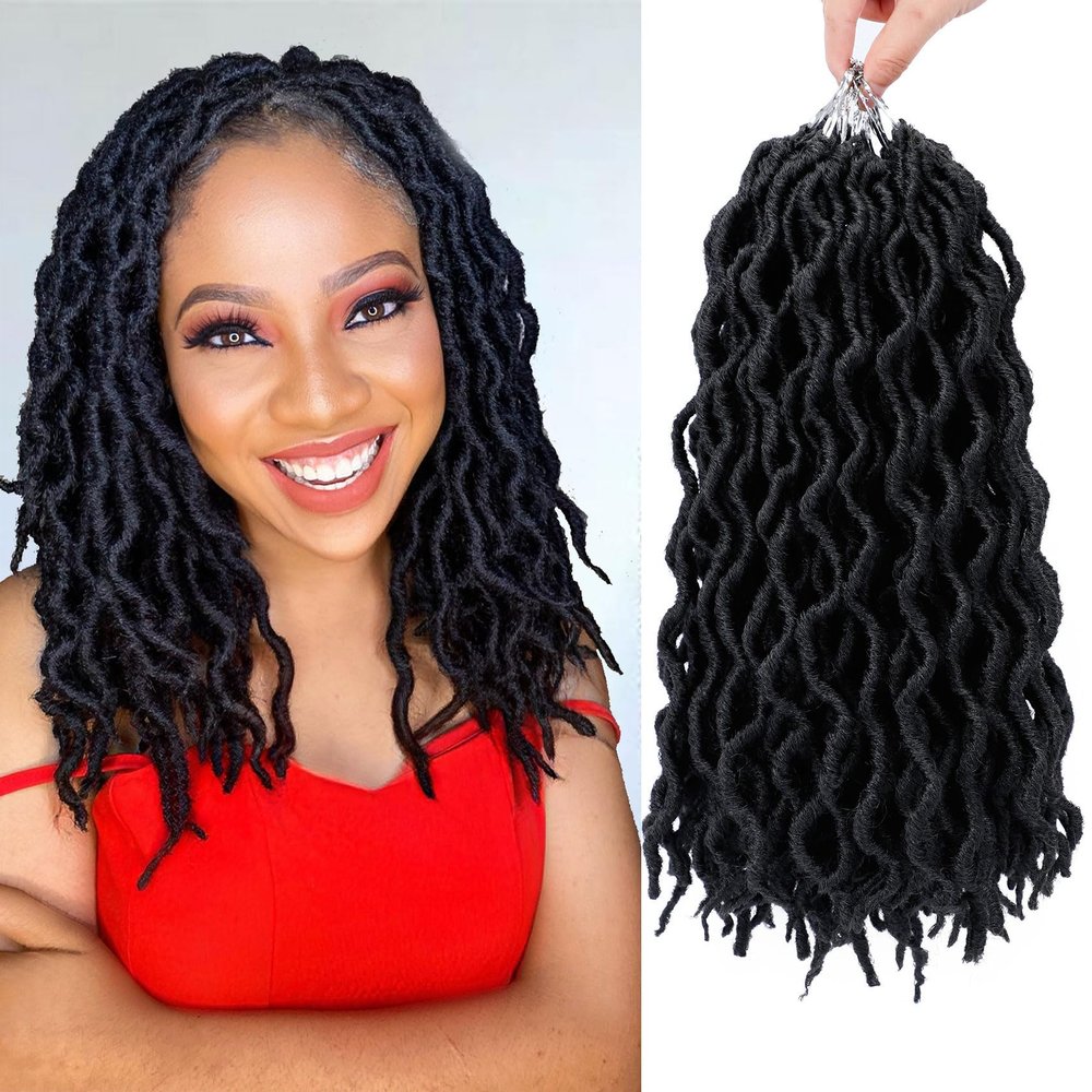 14 Inch Goddess Faux locs Crochet Hair 6 Packs/Lot Soft Gypsy Locs Wavy Crochet Braids Dreadlocks 3 Tone Curly Wavy Twist Braiding Hair Extensions African Roots Braid#1B)