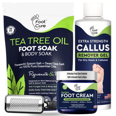 FOOT CURE Exfoliator & Callus Remover Pedicure Set  Care Kit Includes File for Dead Skin, Tea Tree Oil Soak Salts, Urea Cream 40 Percent Removal Gel Made in USA, Ivory, 4 Piece