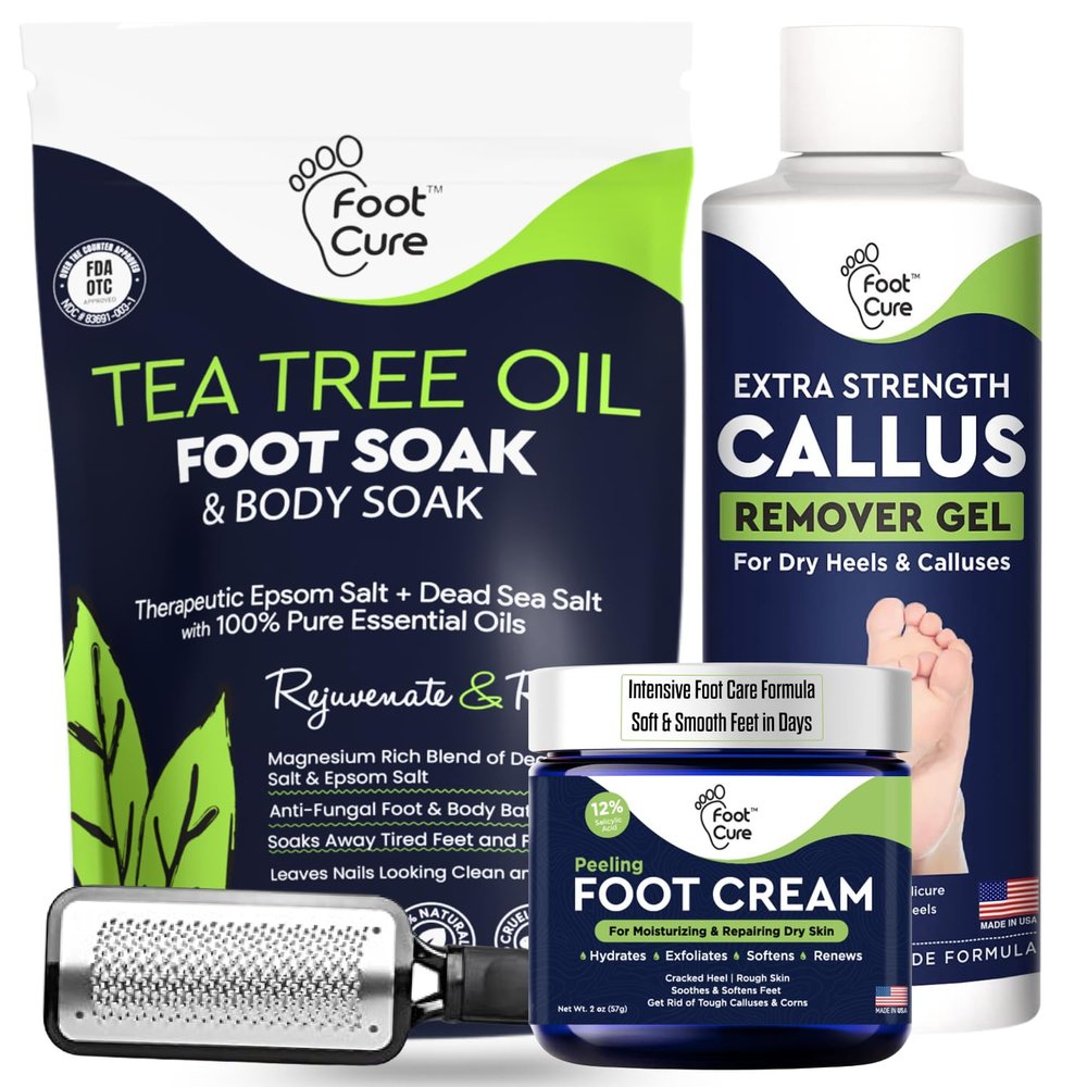 FOOT CURE Exfoliator & Callus Remover Pedicure Set  Care Kit Includes File for Dead Skin, Tea Tree Oil Soak Salts, Urea Cream 40 Percent Removal Gel Made in USA, Ivory, 4 Piece