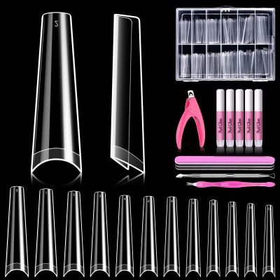 MORGLES 240 Pcs Half Cover Coffin Nail Tips Clear Acrylic Extra Long False Nail Tips with Glue, Clipper, Files and Cuticle Fork for Salons and Home DIY