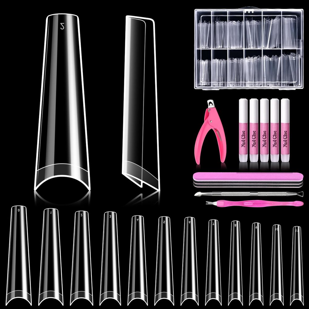 MORGLES 240 Pcs Half Cover Coffin Nail Tips Clear Acrylic Extra Long False Nail Tips with Glue, Clipper, Files and Cuticle Fork for Salons and Home DIY