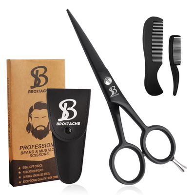 BROSTACHE Beard & Mustache Scissors for Men 5, 2 comb & Beautiful Travel Pouch, Hand forged with Bevel edge For precision, Extremely Sharp Scissor, Trimming scissors