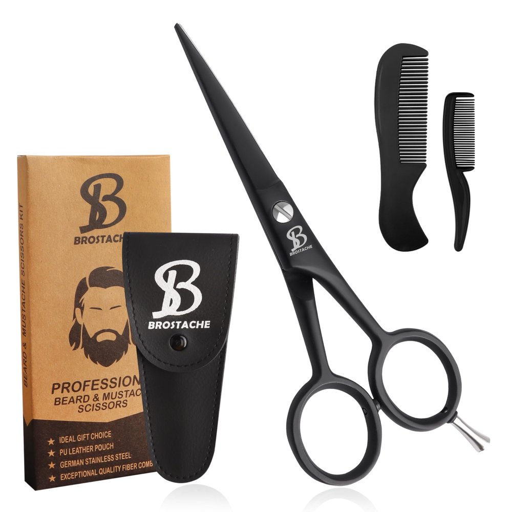 BROSTACHE Beard & Mustache Scissors for Men 5, 2 comb & Beautiful Travel Pouch, Hand forged with Bevel edge For precision, Extremely Sharp Scissor, Trimming scissors