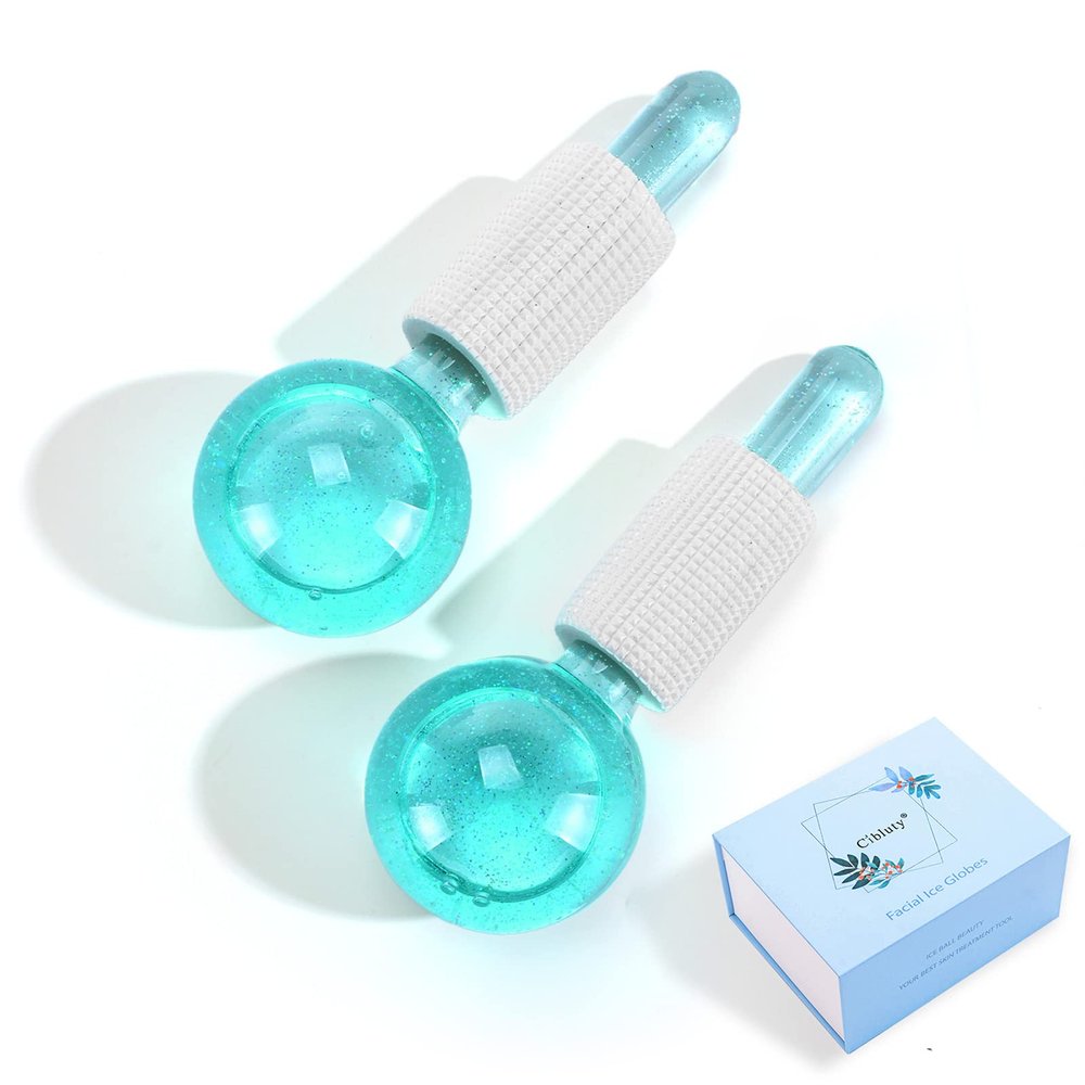 CIBLUTY Ice Globes for Facials- Freezer Free Face Rollers with Essence for Daily Beauty Routines, Skin Massagers Globes Durable Quartz Glass for Reduce Puffiness Skin Cooling (Update Green)