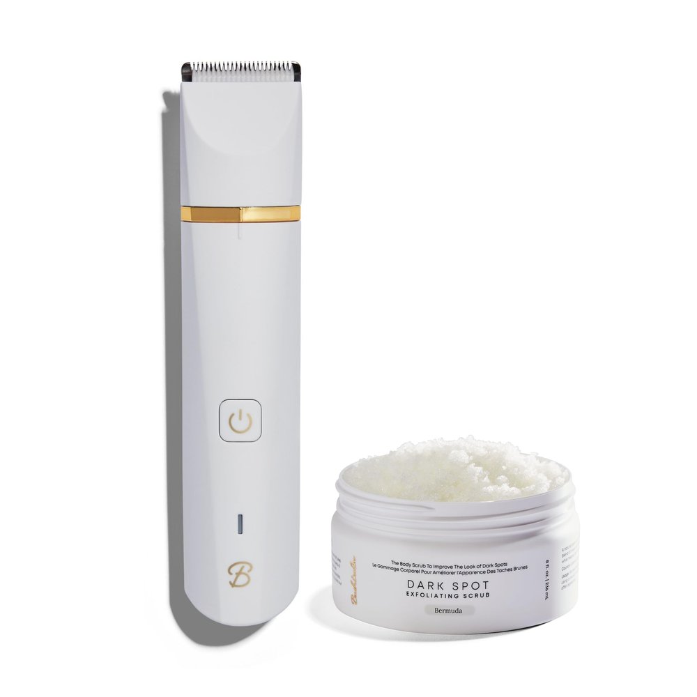 Bushbalm Bermuda Exfoliating Scrub (236 ml) for Dark Spots and Francesca Trimmer Electric Shaver for Close Grooming and Pre-Wax Preparation