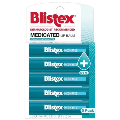 Blistex Medicated Lip Balm, 5 Count, 0.15 Ounce Each, Soothes and Protects, Advanced Medicated Lip Care for Dry, Chapped Lips, SPF 15 Hydrating Lip Balm Stocking Stuffers for Women & Men